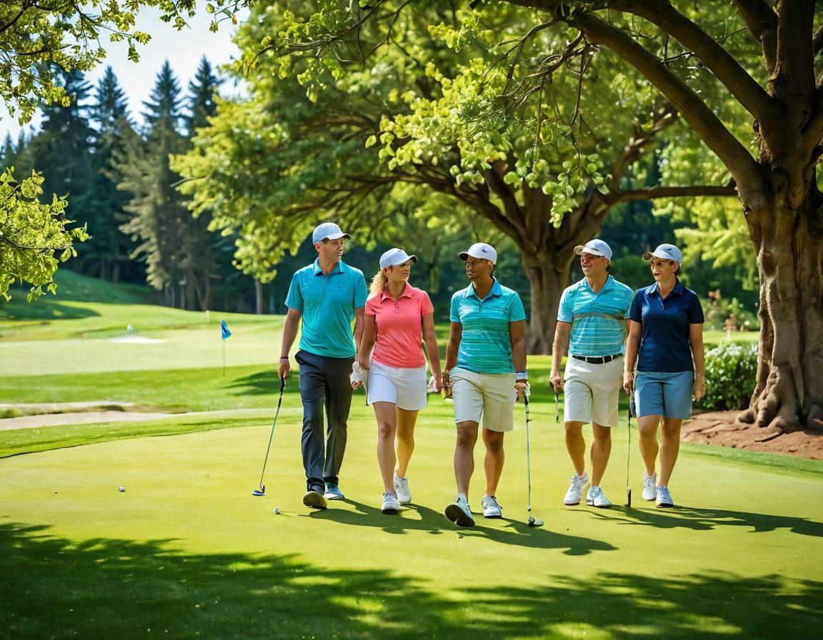 A sunlit day at Overlake Golf Course, showcasing a diverse group of happy golfers enjoying their game, with lush green fairways and vibrant flowering trees in the background. Include a joyful atmosphere, children playing with golf balls nearby, and a picnic setup with friends celebrating on the side. Capture the spirit of camaraderie and relaxation, evoking feelings of joy and elation. super-realistic. vibrant colors. 3D.