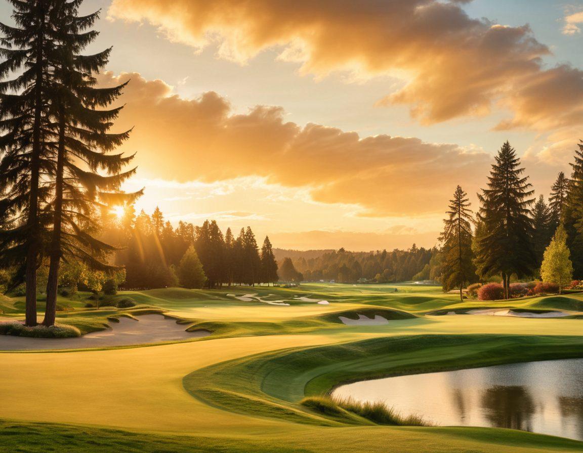 A panoramic view of a lush golf course at Overlake, showcasing an elegant golfer in mid-swing with a serene sunset in the background. Include vibrant golfing accessories scattered around, and a cheerful group of friends watching, capturing the essence of memorable moments in golfing. The scene should evoke a sense of joy and camaraderie. hyper-realistic. vibrant colors. golden hour lighting.