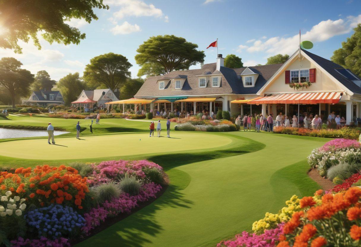 A lively scene showcasing a sunny golf course filled with enthusiastic golfers of all ages enjoying a tournament; colorful banners fluttering in the breeze, families picnicking nearby, and friends cheering at the putting greens. Include vibrant flowers lining the fairways and a picturesque clubhouse in the background. super-realistic. vibrant colors. 3D.